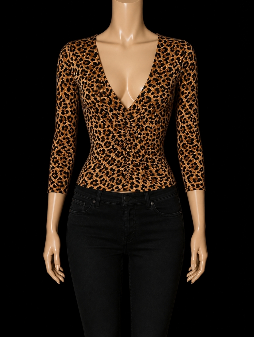 Leopard Print V-Neck Ruched Dress - Black & Tan